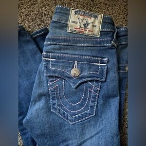 True Religion Women's Blue Jeans with Pink Stitching